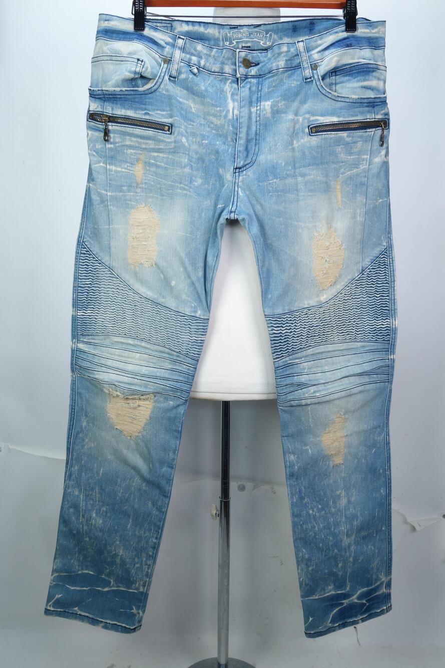 Robins Jean RB0264 Biker Jeans Mens 36x32 Blue Acid Wash Distressed Moto Stretch